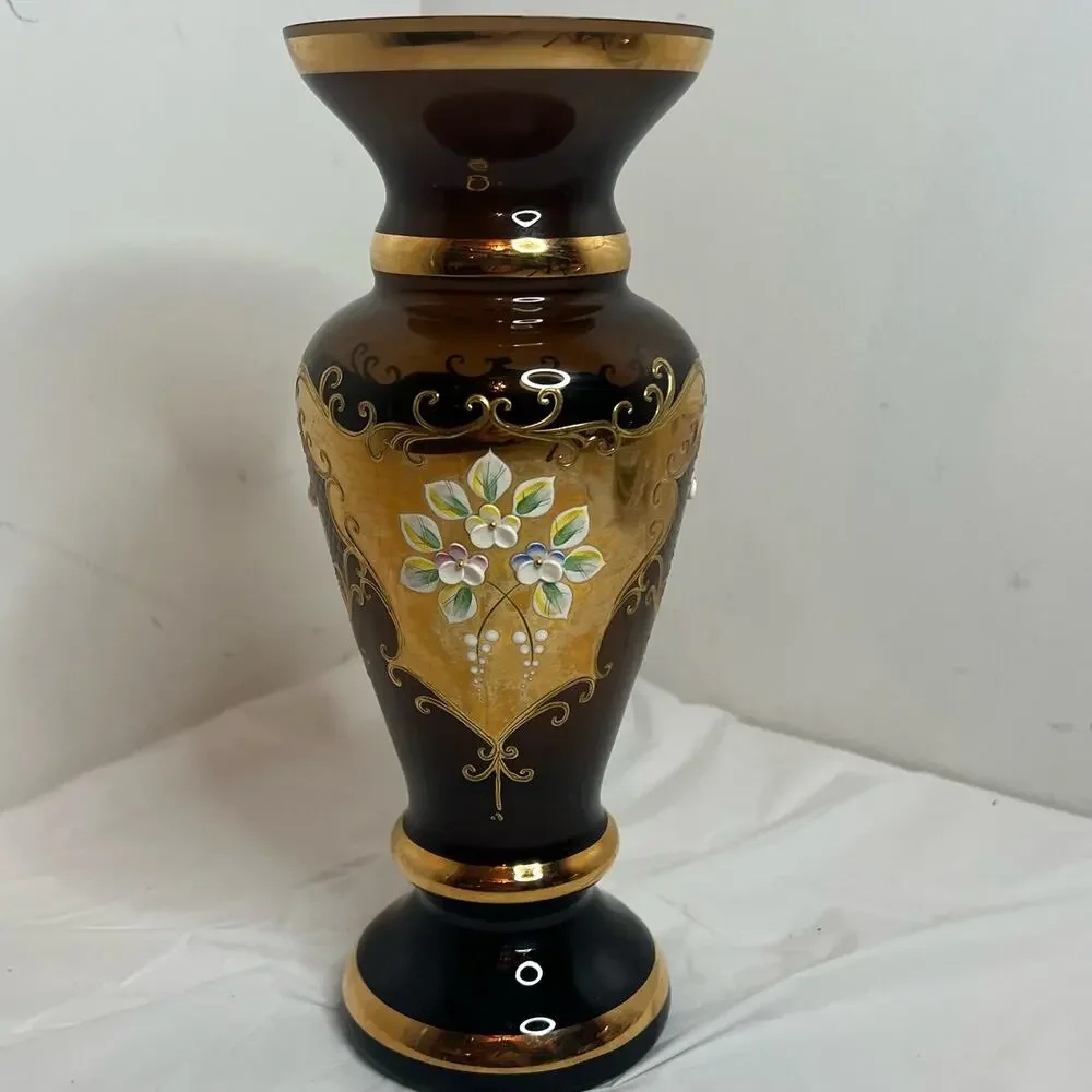 Slovakia Brown & Gold Flowered Handcrafted Decorated Vase